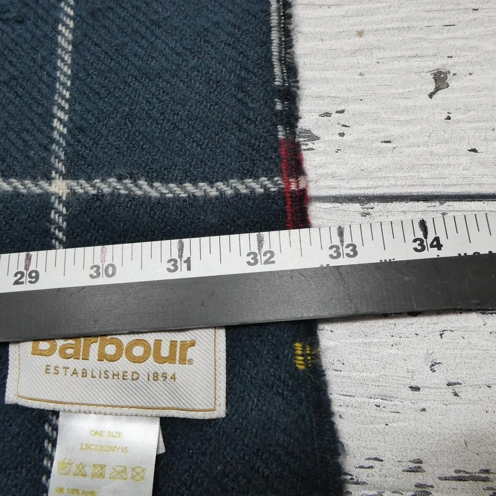 Barbour Scarf Mens One Size Red Navy Plaid Acrylic Reversible Fringe Winter